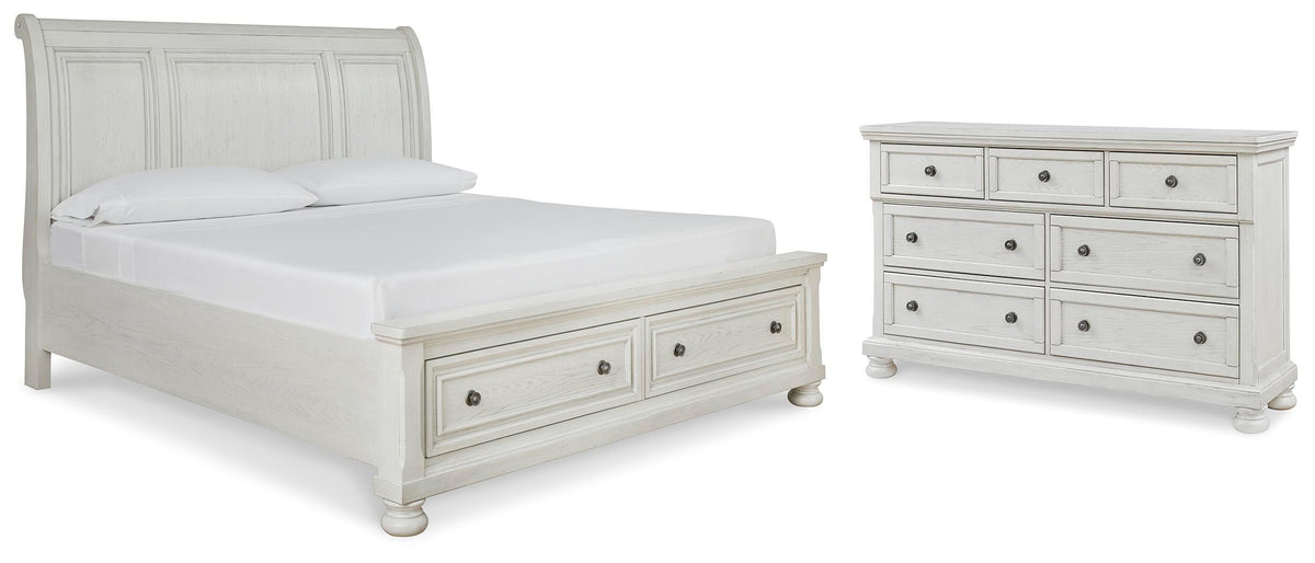 Robbinsdale Queen Sleigh Bed with Storage with Dresser — complete set