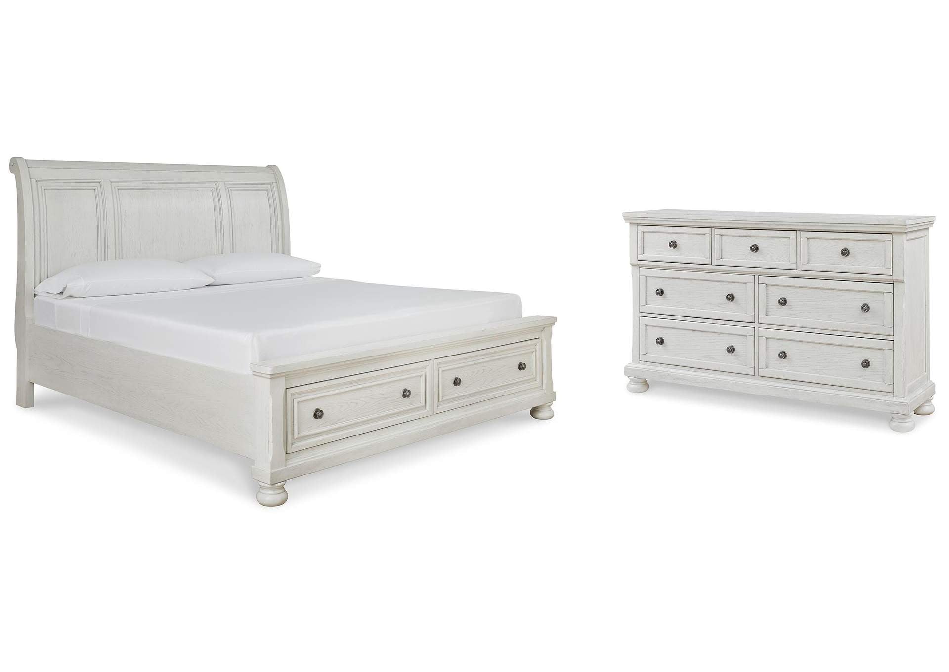 Robbinsdale California King Sleigh Bed with Storage with Mirrored Dresser