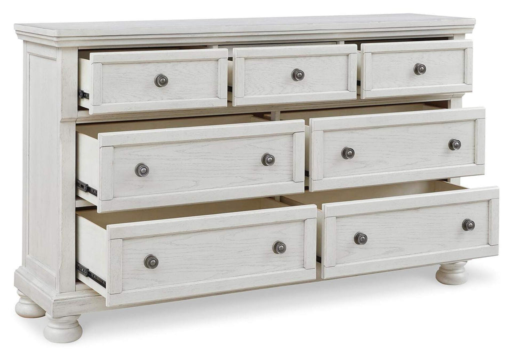 Robbinsdale California King Sleigh Bed with Storage with Mirrored Dresser angled view