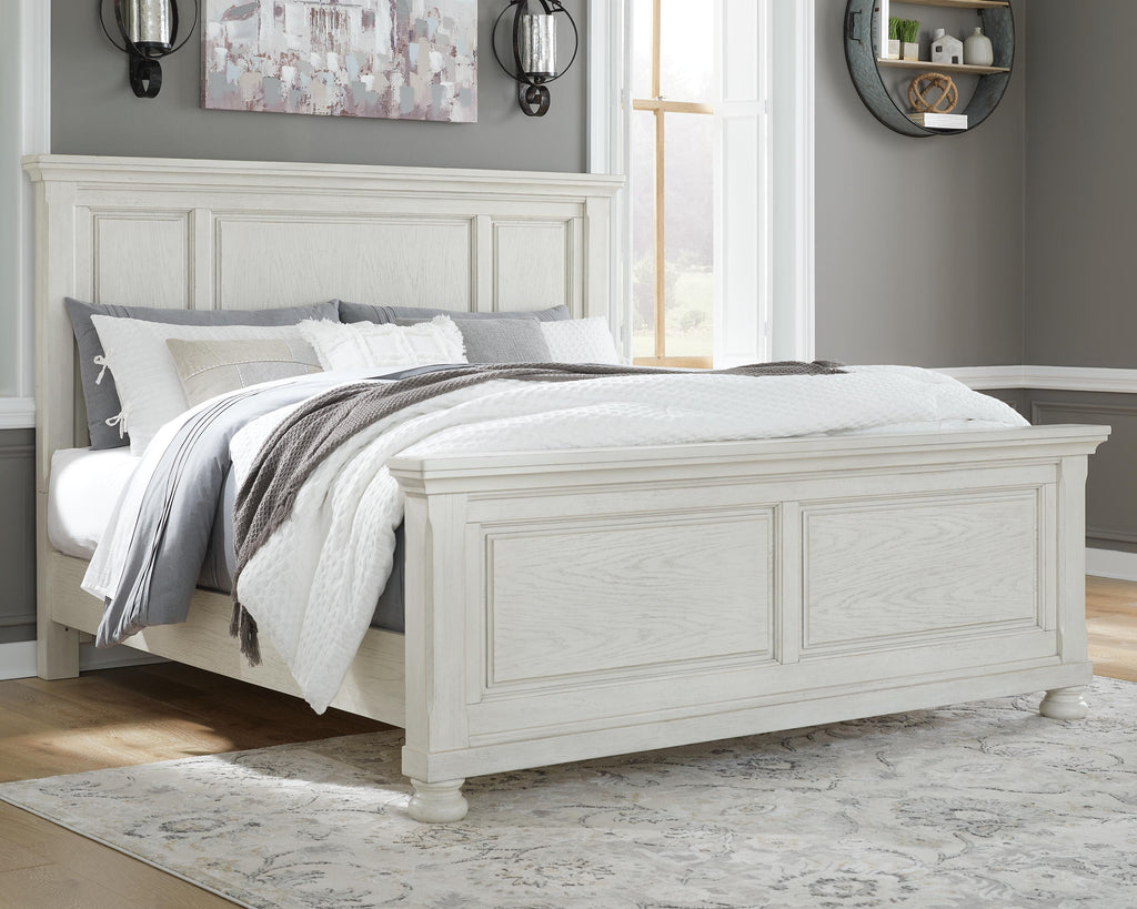 Robbinsdale Queen Panel Bed in Antique White, lifestyle view