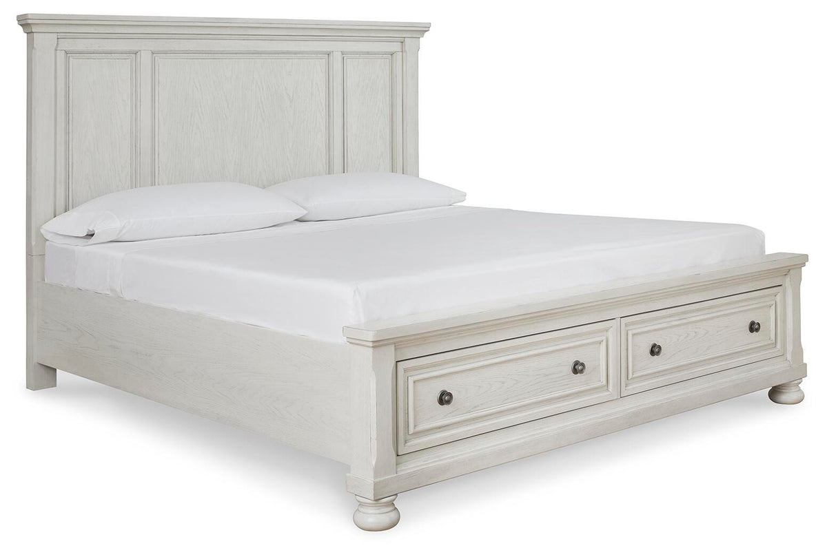 Robbinsdale Queen Panel Storage Bed in Antique White, angle view