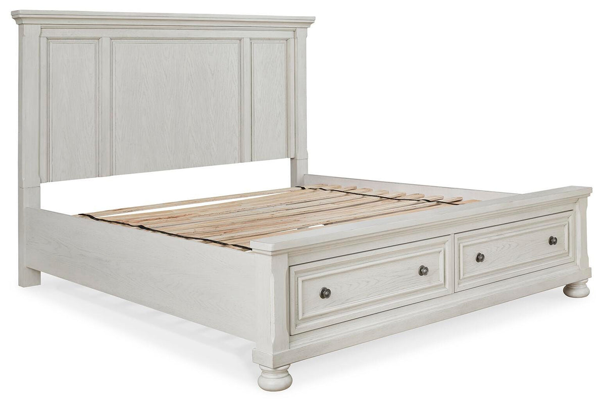 Robbinsdale King Panel Storage Bed in Antique White, angle view