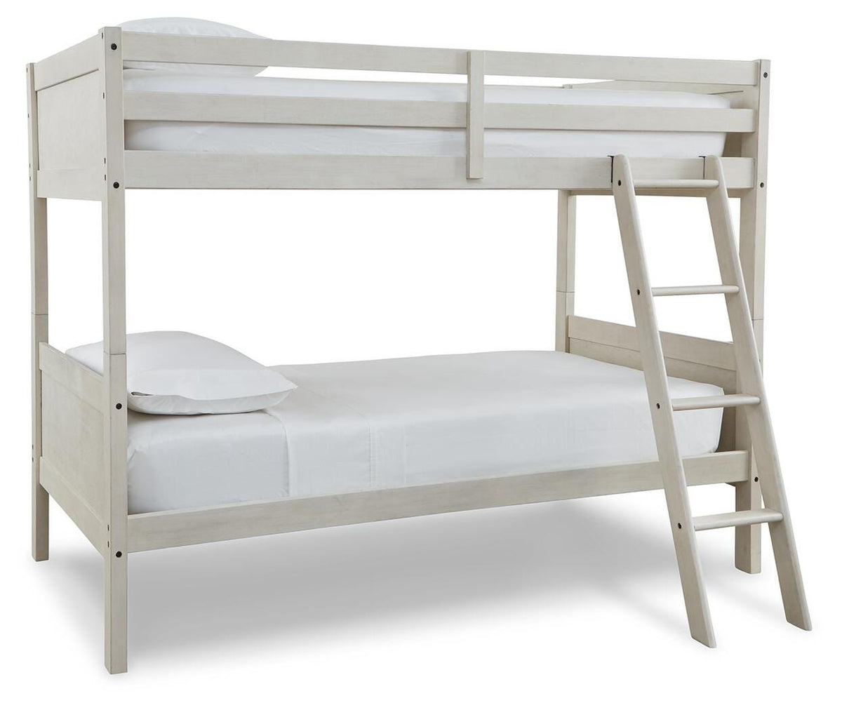 Robbinsdale Twin/Twin Bunk Bed with Ladder in Antique White, angle view
