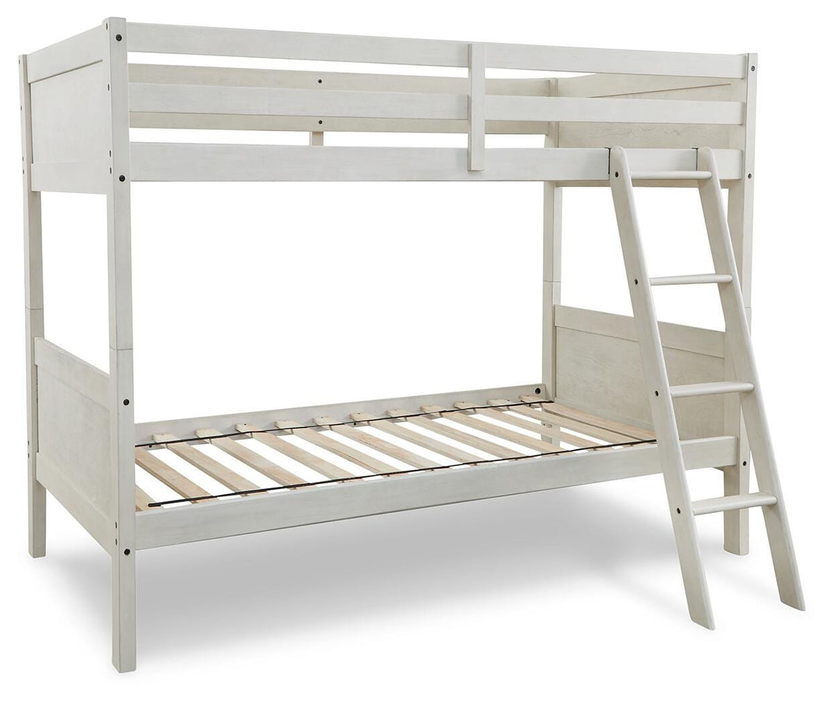 Robbinsdale Twin/Twin Bunk Bed with Ladder in Antique White, angle view