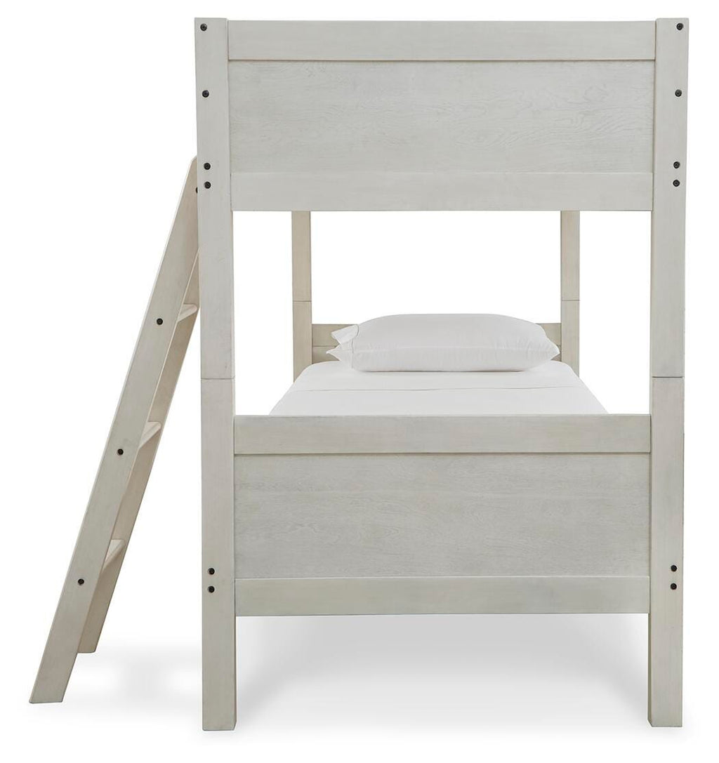 Robbinsdale Twin/Twin Bunk Bed with Ladder in Antique White, side view