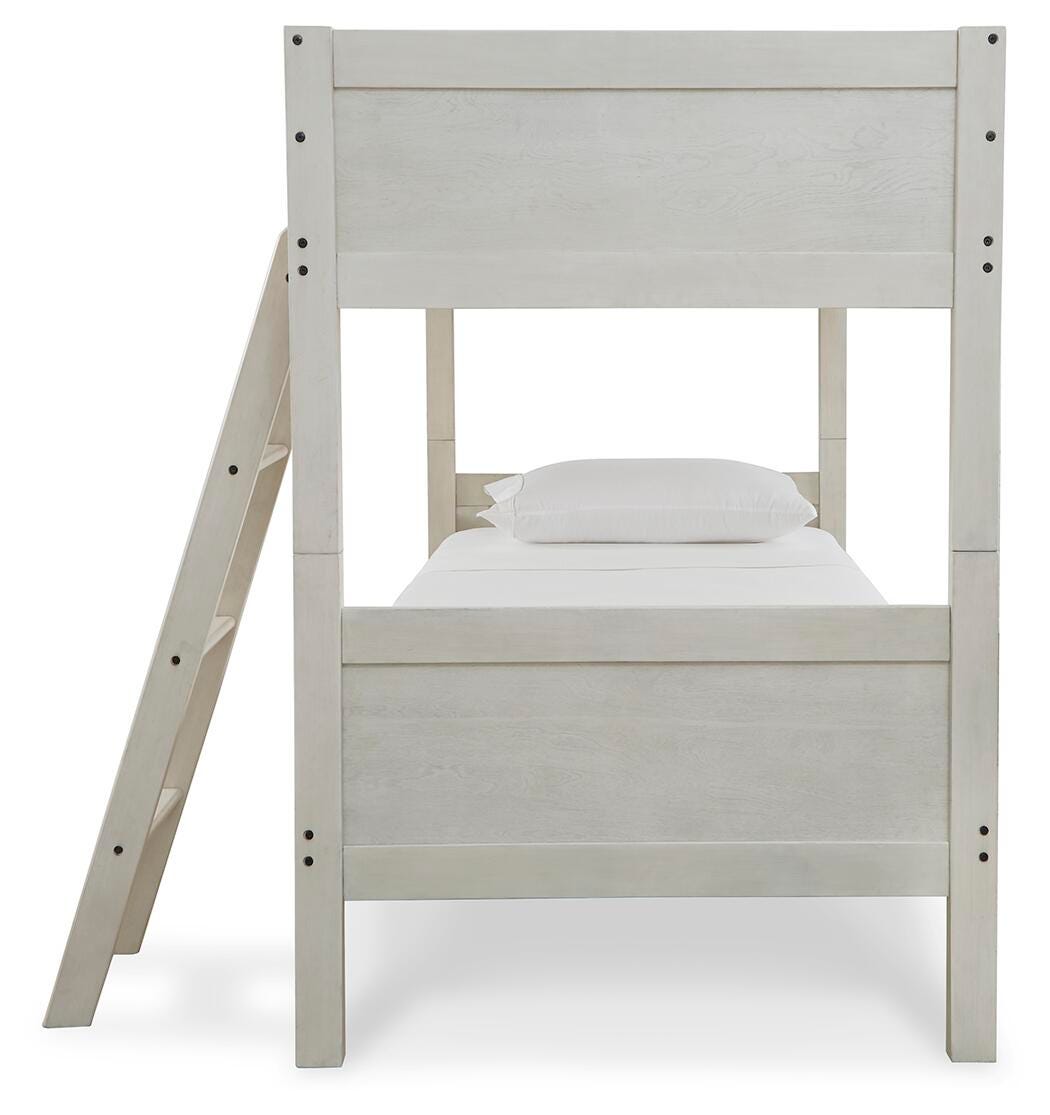 Robbinsdale Twin/Twin Bunk Bed with Ladder in Antique White, side view