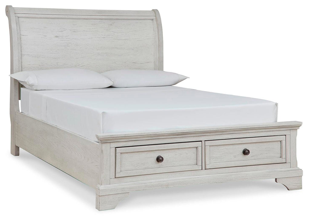 Robbinsdale Full Sleigh Storage Bed in Antique White, angle view