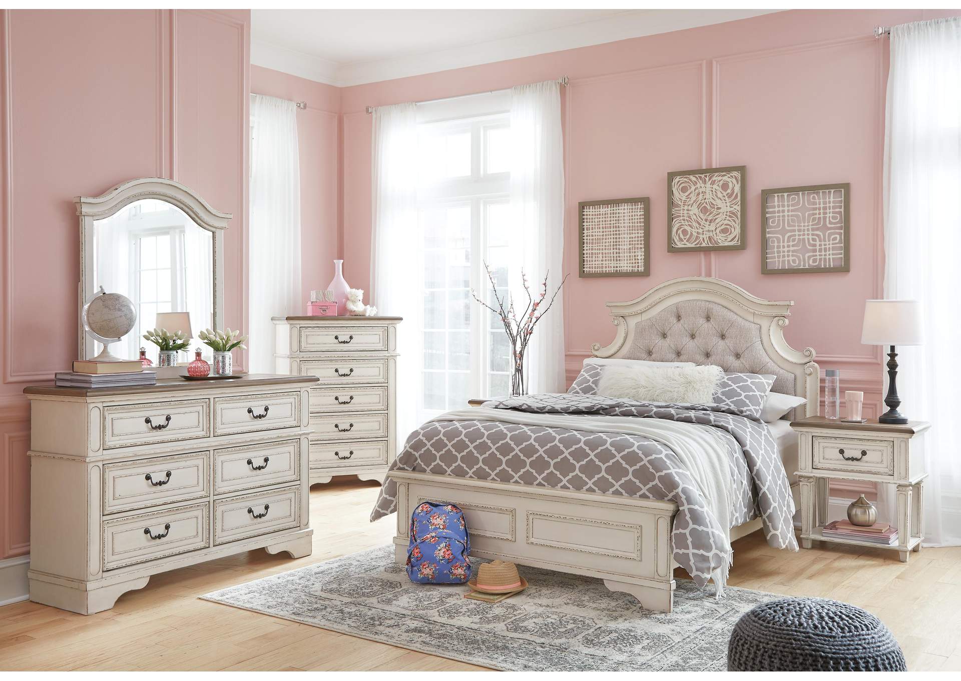 Realyn Full Panel Bed with Mirrored Dresser, Chest and Nightstand
