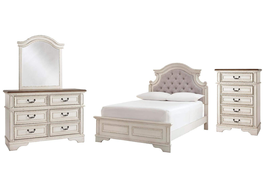 Realyn Full Panel Bed with Mirrored Dresser and Chest