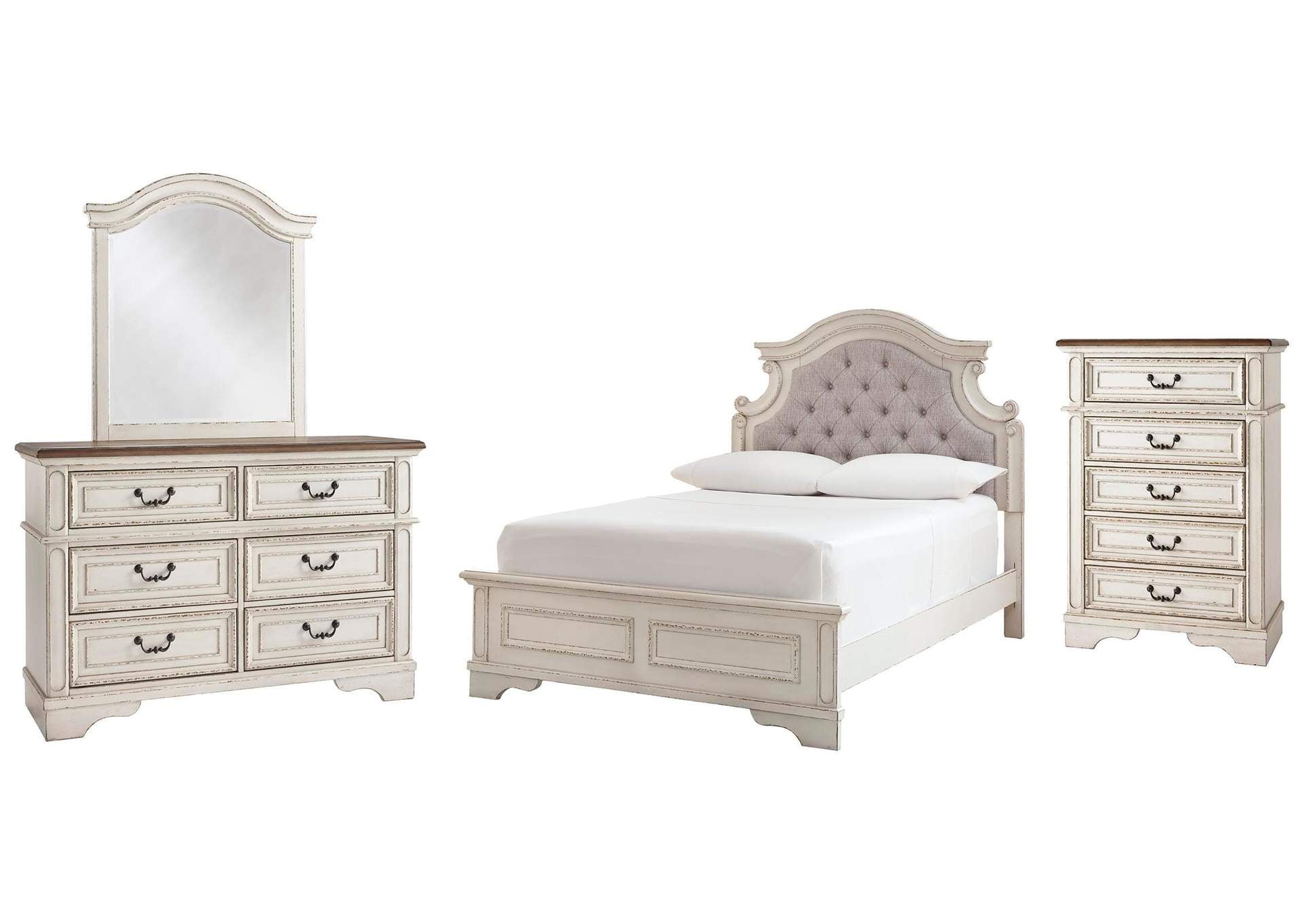 Realyn Full Panel Bed with Mirrored Dresser and Chest