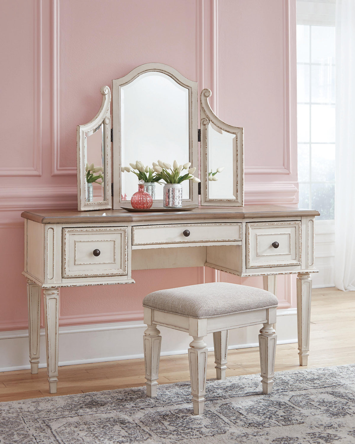 Realyn Vanity and Mirror with Stool in Two-tone, lifestyle view