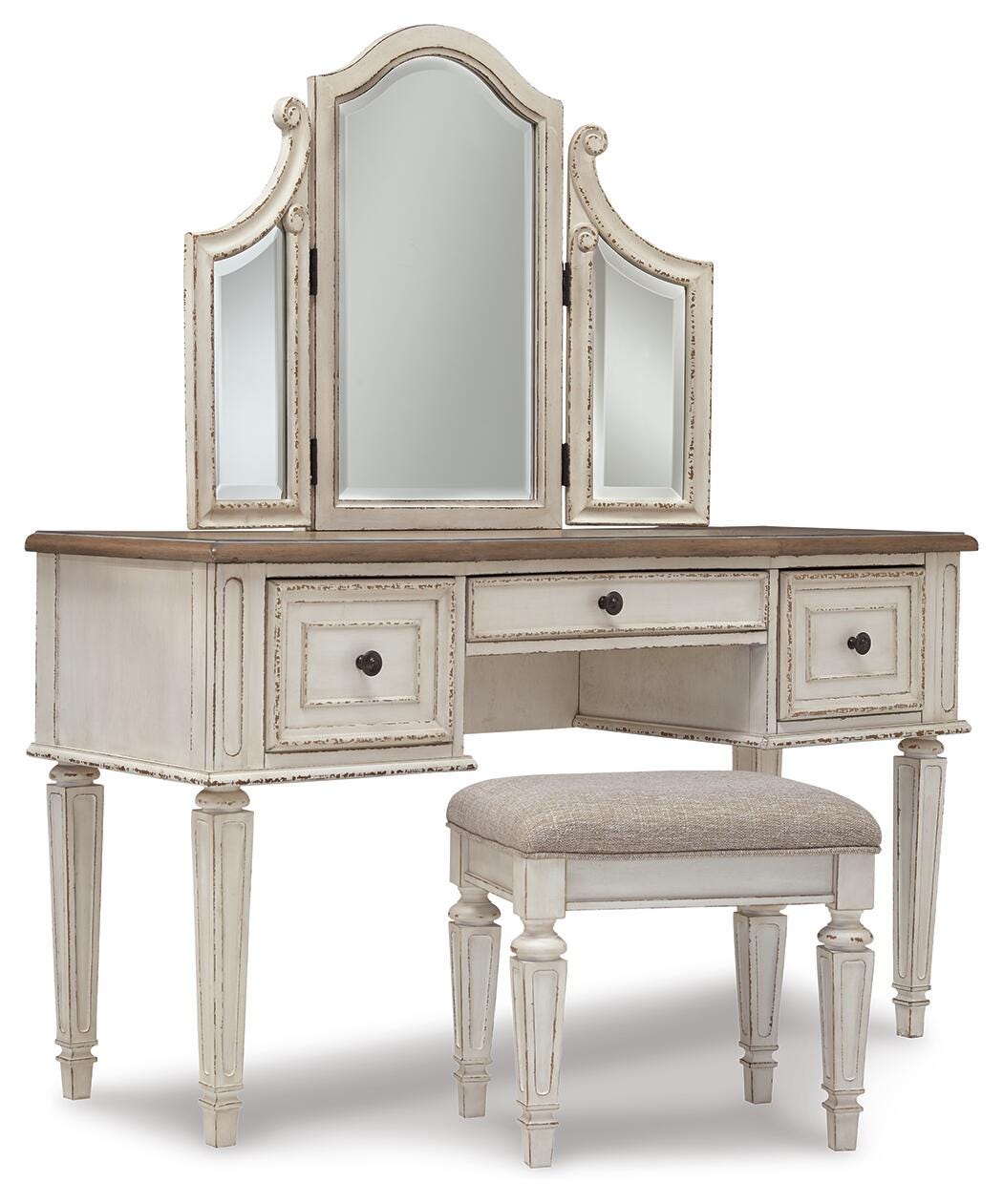 Realyn Vanity and Mirror with Stool in Two-tone, angle view