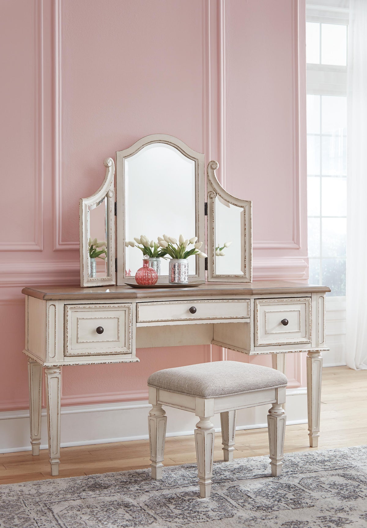 Realyn Vanity and Mirror with Stool in Two-tone, alternate view 4