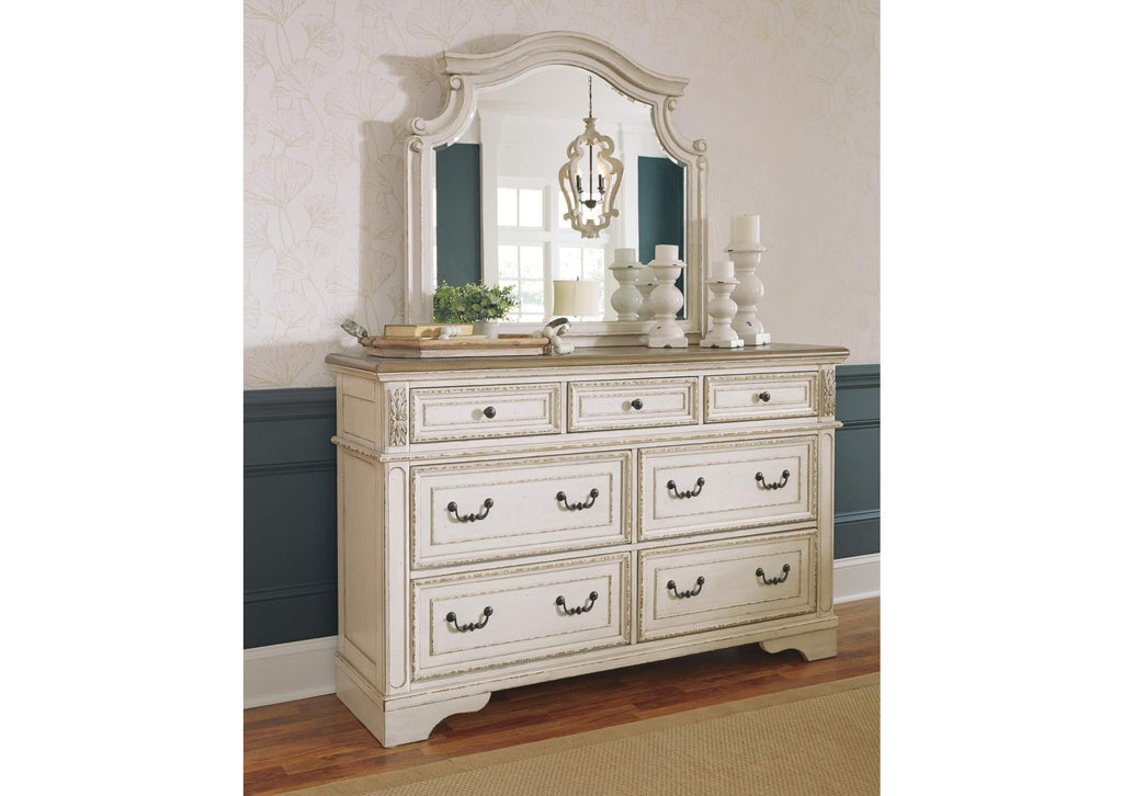 Realyn King Upholstered Panel Bed with Mirrored Dresser and Chest room view