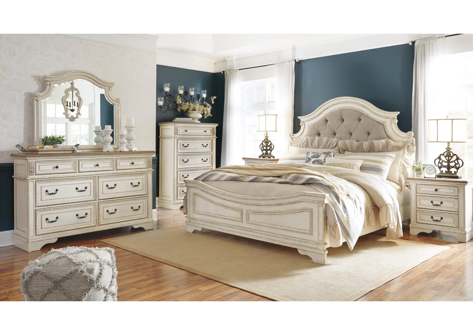 Realyn King Upholstered Panel Bed with Mirrored Dresser, Chest and 2 Nightstands