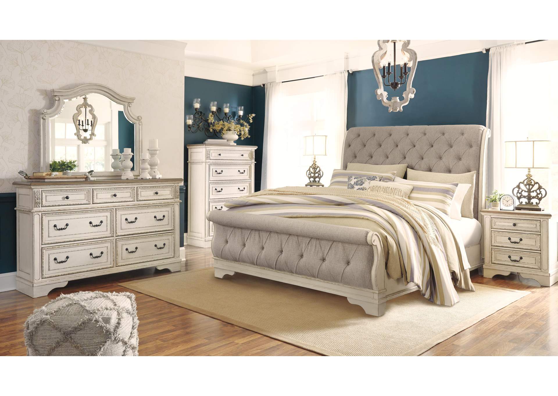 Realyn California King Sleigh Bed with Mirrored Dresser, Chest and Nightstand