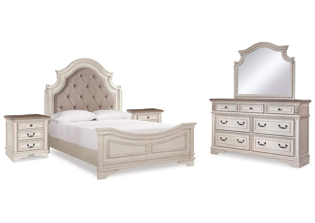 Realyn Queen Upholstered Panel Bed with Mirrored Dresser and 2 Nightstands