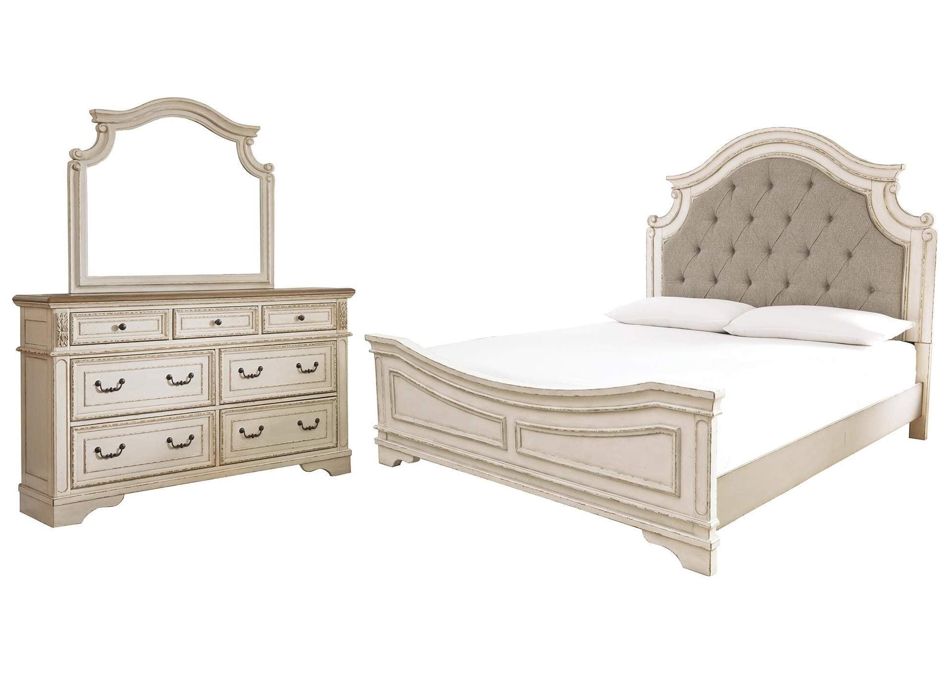 Realyn Queen Upholstered Panel Bed with Mirrored Dresser