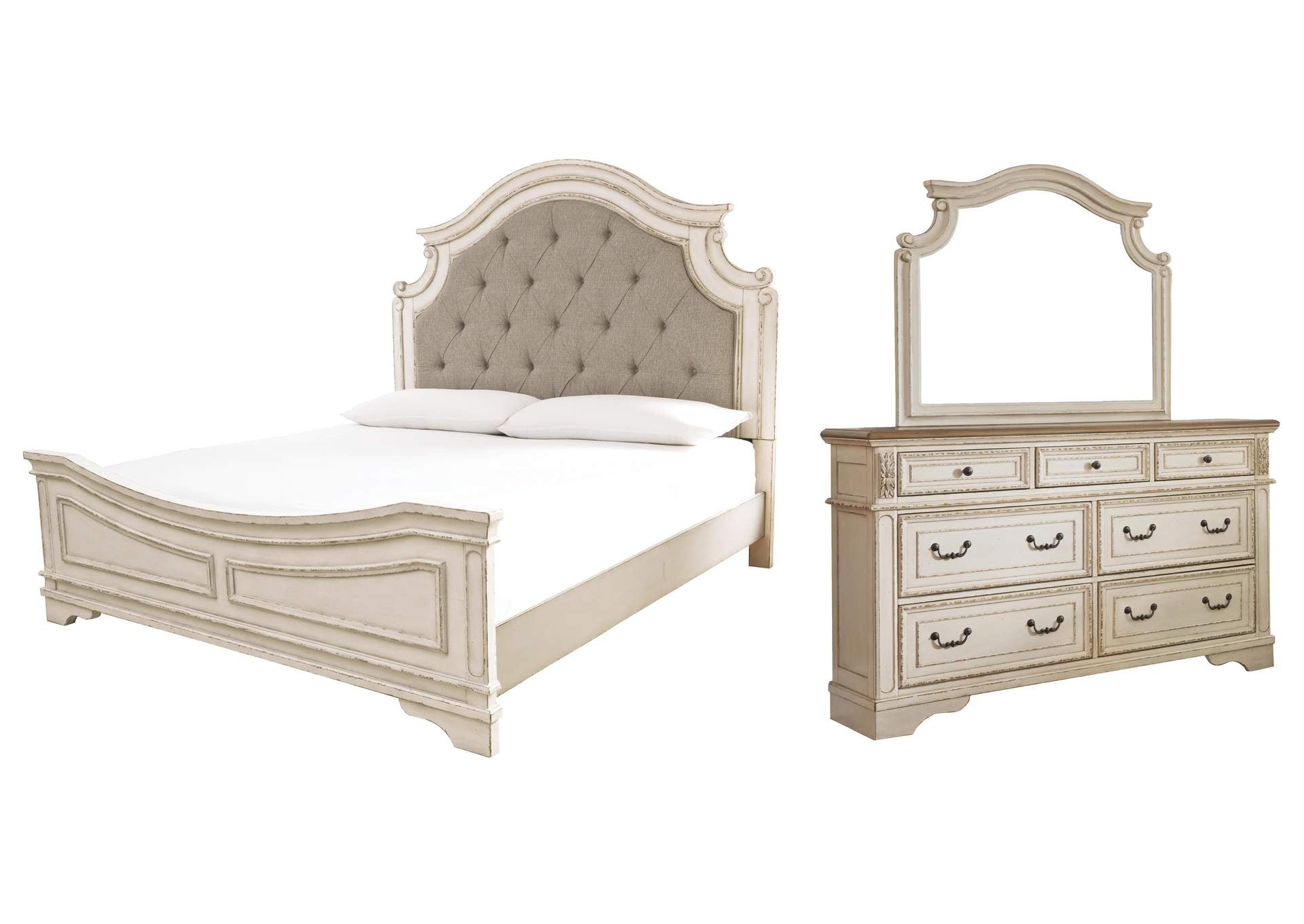 Realyn California King Upholstered Panel Bed with Mirrored Dresser