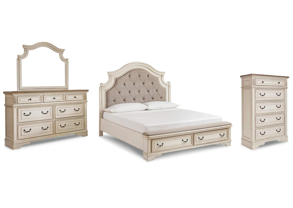 Realyn California King Upholstered Bed with Mirrored Dresser and Chest