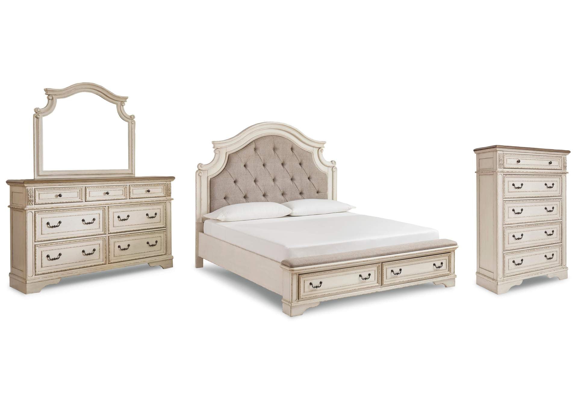Realyn California King Upholstered Bed with Mirrored Dresser and Chest