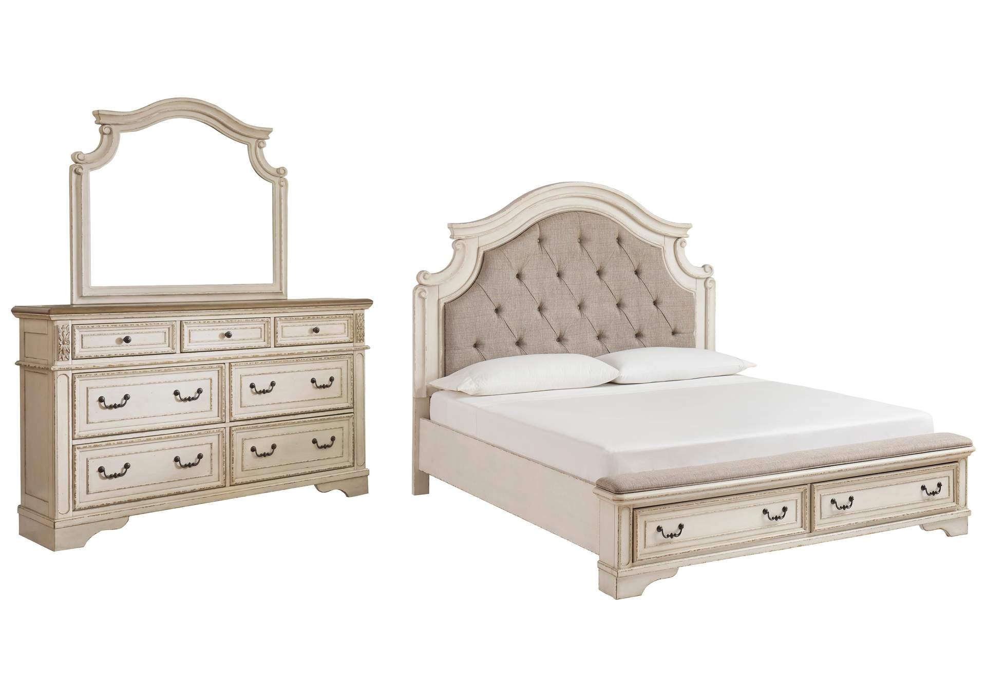 Realyn California King Upholstered Bed with Mirrored Dresser