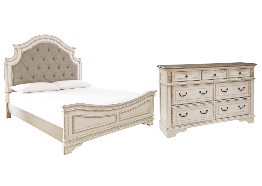 Realyn California King Upholstered Panel Bed with Dresser