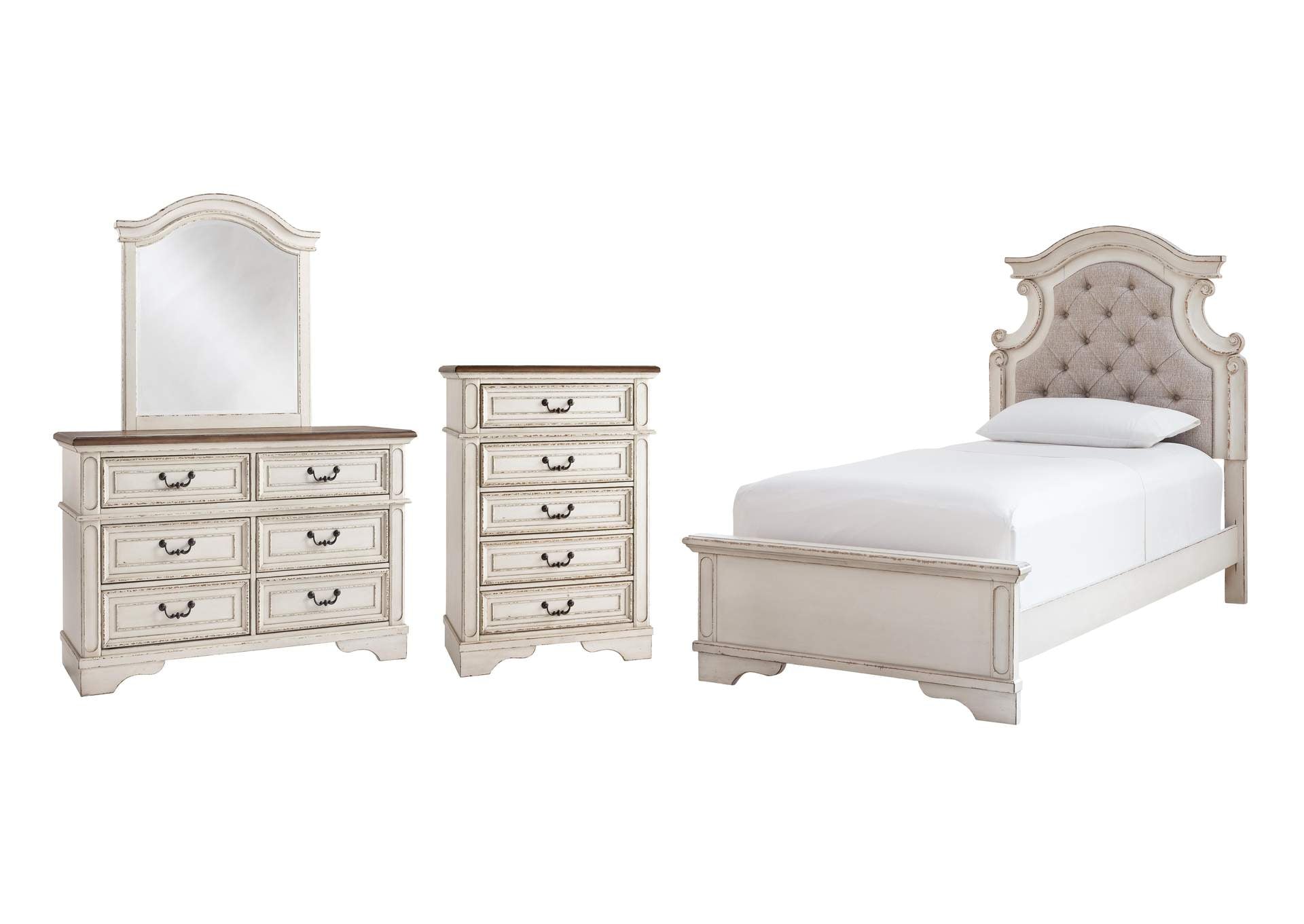 Realyn Twin Panel Bed with Mirrored Dresser and Chest