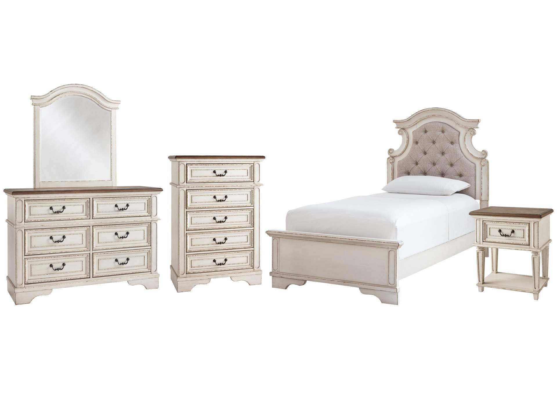 Realyn Twin Panel Bed with Mirrored Dresser, Chest and Nightstand