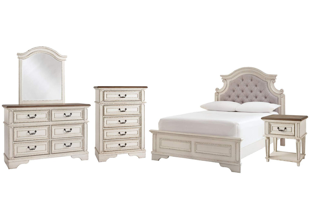 Realyn Full Panel Bed with Mirrored Dresser, Chest and Nightstand