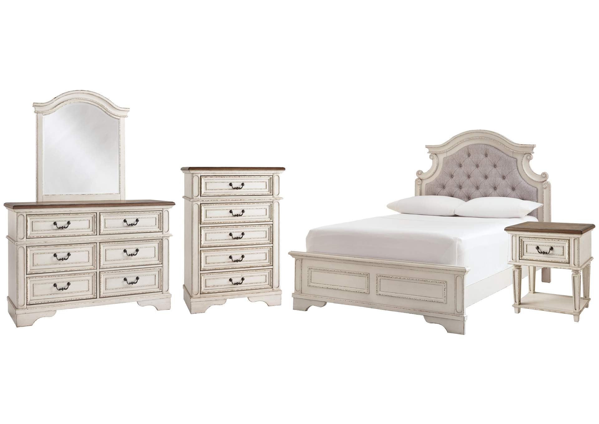 Realyn Full Panel Bed with Mirrored Dresser, Chest and Nightstand