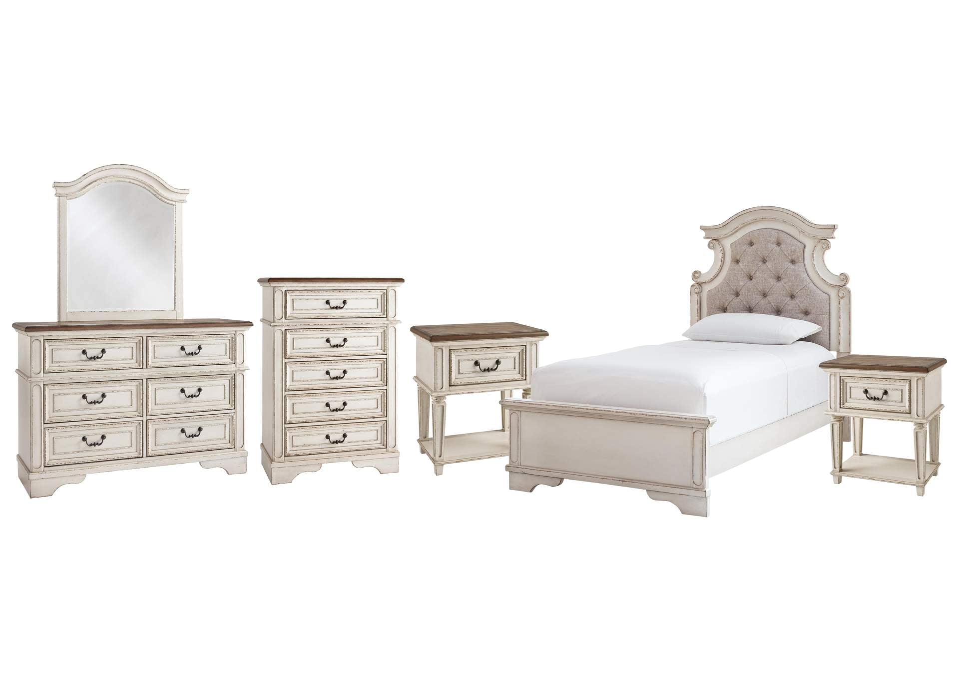 Realyn Twin Panel Bed with Mirrored Dresser, Chest and 2 Nightstands