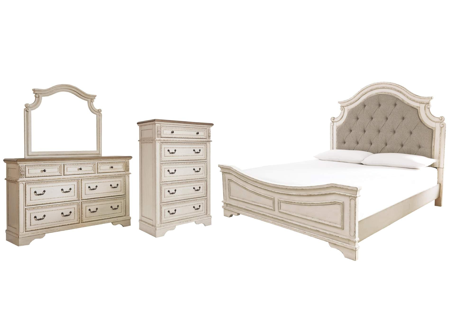 Realyn Queen Upholstered Panel Bed with Mirrored Dresser and Chest
