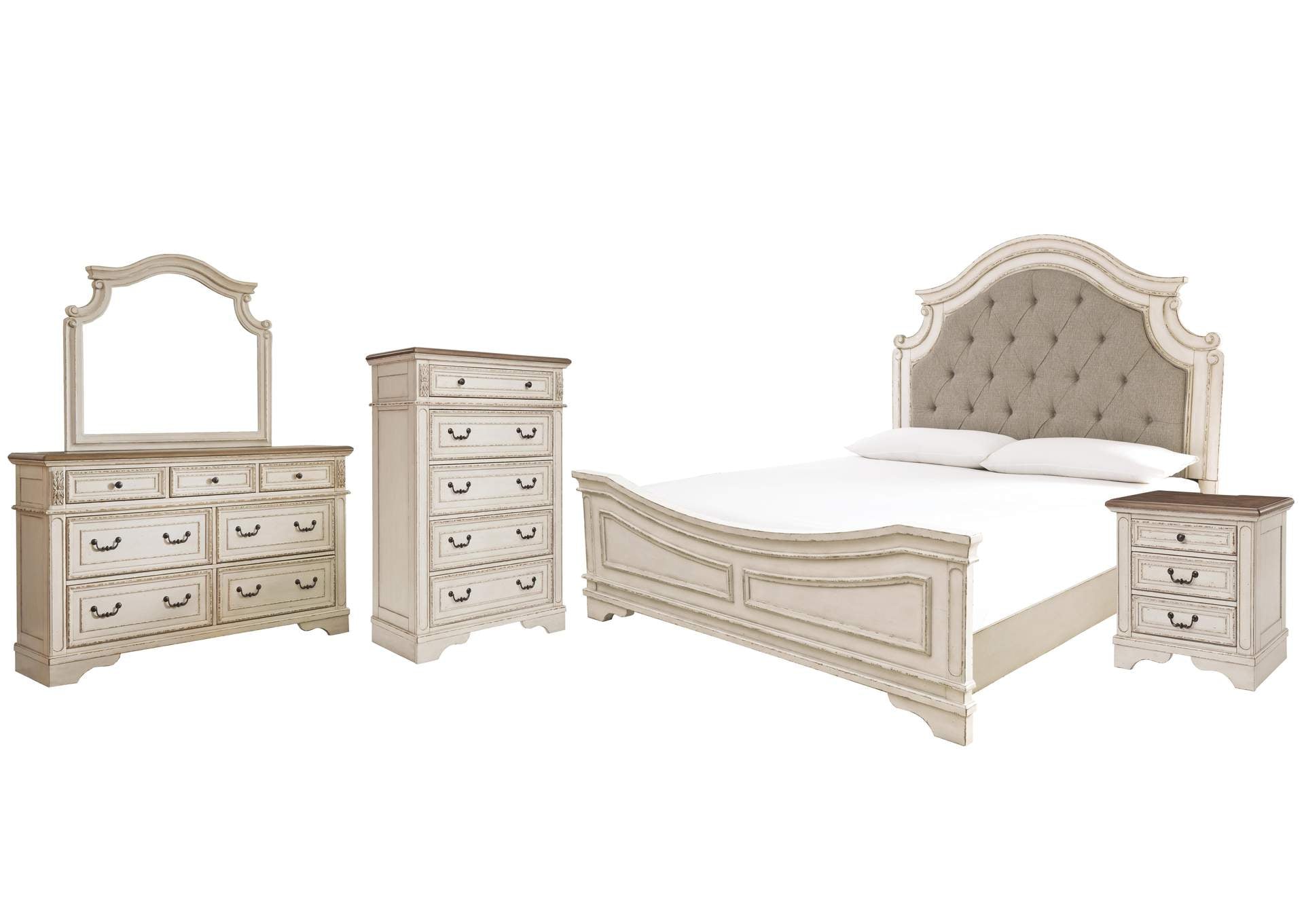 Realyn Queen Upholstered Panel Bed with Mirrored Dresser, Chest and Nightstand