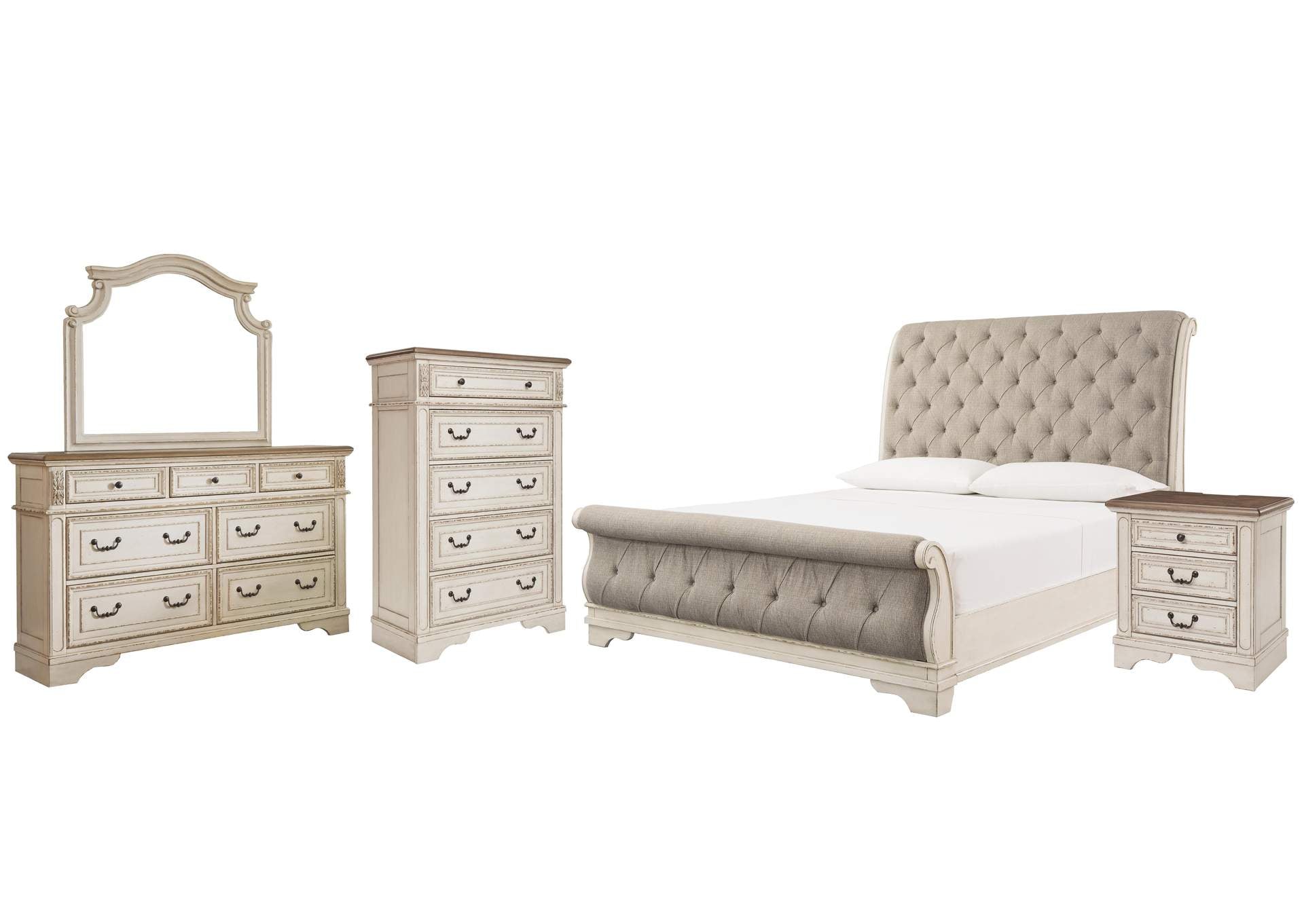 Realyn Queen Sleigh Bed with Mirrored Dresser, Chest and Nightstand