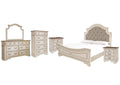 Realyn California King Upholstered Panel Bed with Mirrored Dresser, Chest and 2 Nightstands
