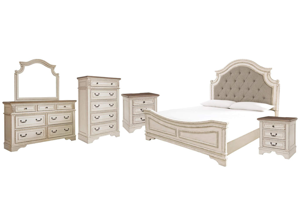 Realyn King Upholstered Panel Bed with Mirrored Dresser, Chest and 2 Nightstands