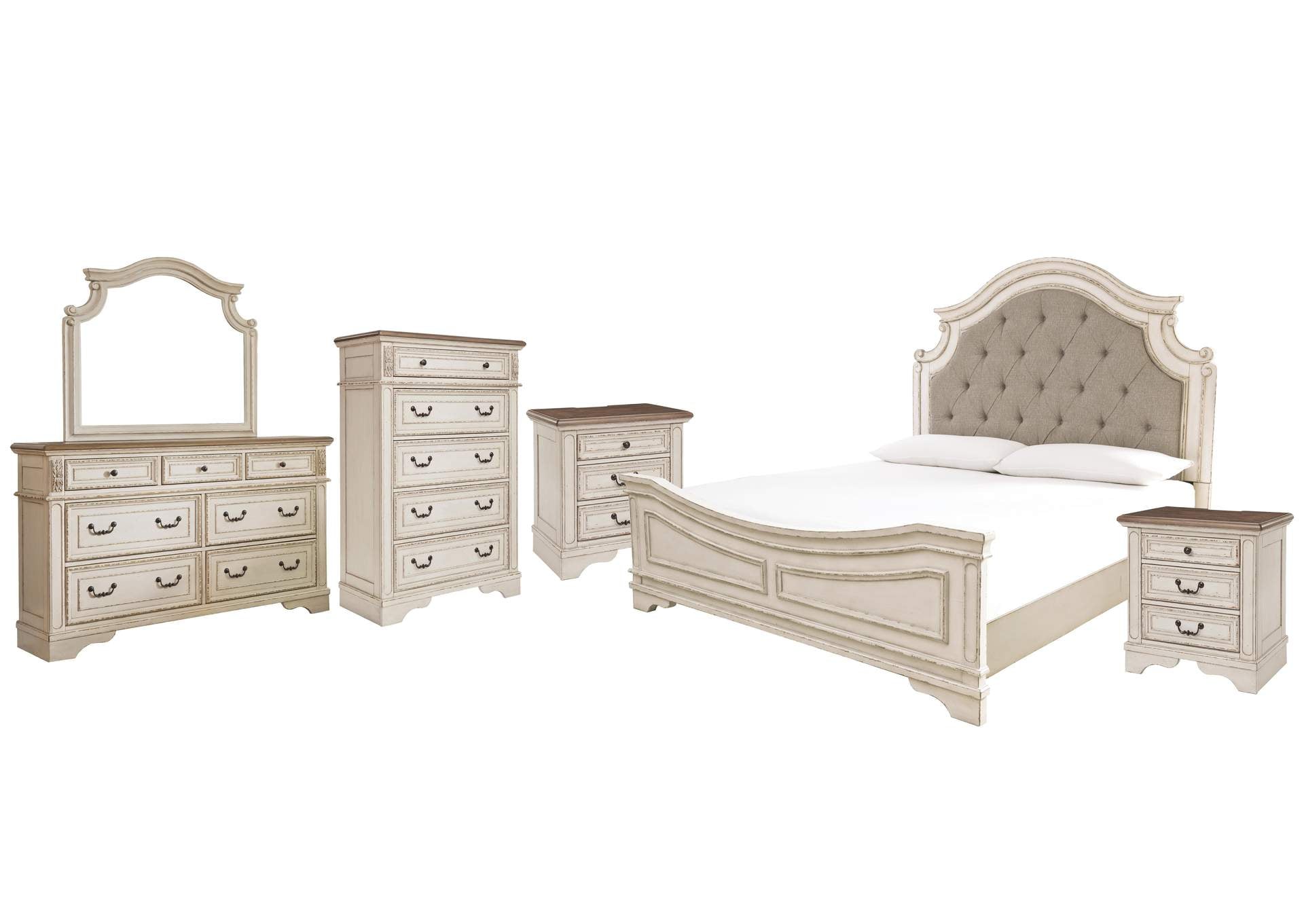 Realyn King Upholstered Panel Bed with Mirrored Dresser, Chest and 2 Nightstands