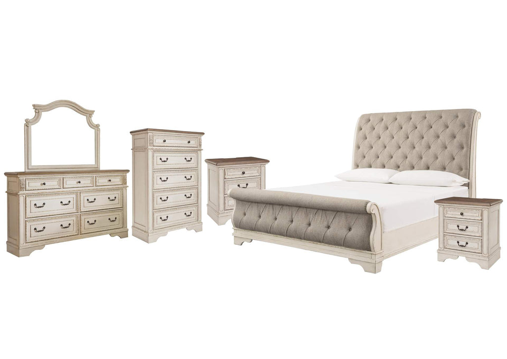 Realyn Queen Sleigh Bed with Mirrored Dresser, Chest and 2 Nightstands