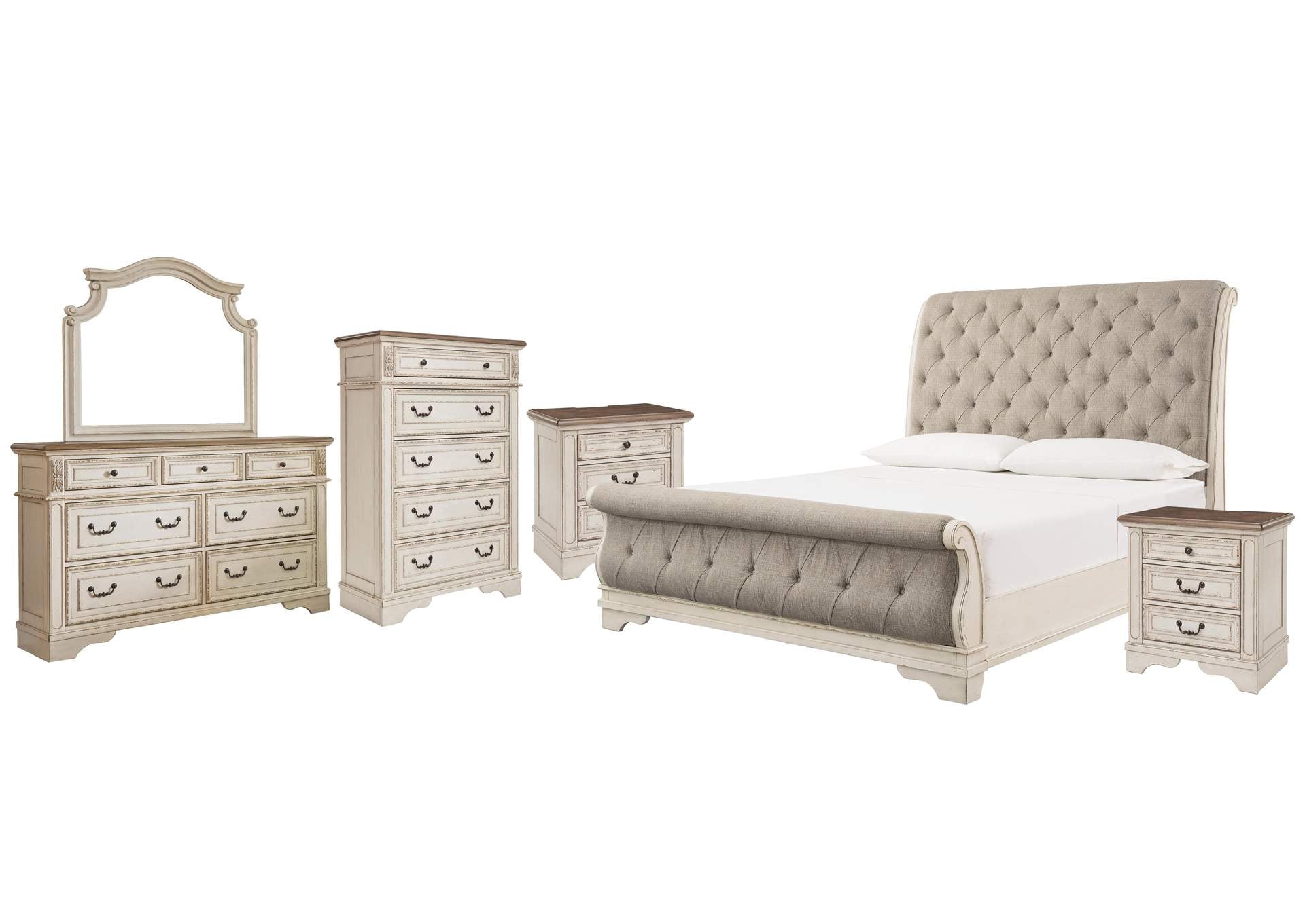 Realyn Queen Sleigh Bed with Mirrored Dresser, Chest and 2 Nightstands