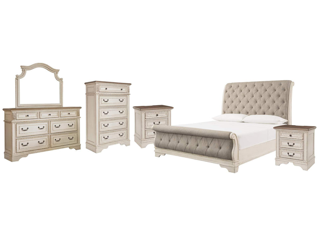 Realyn California King Sleigh Bed with Mirrored Dresser, Chest and 2 Nightstands