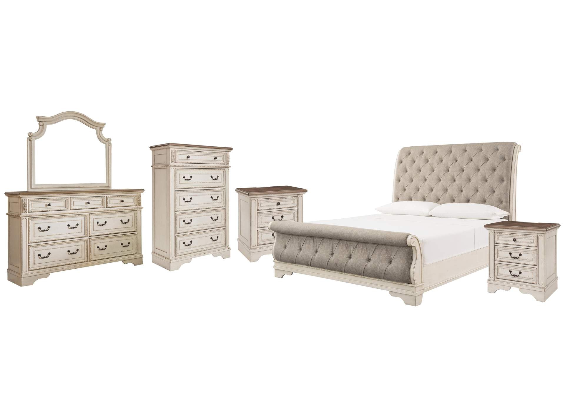 Realyn California King Sleigh Bed with Mirrored Dresser, Chest and 2 Nightstands