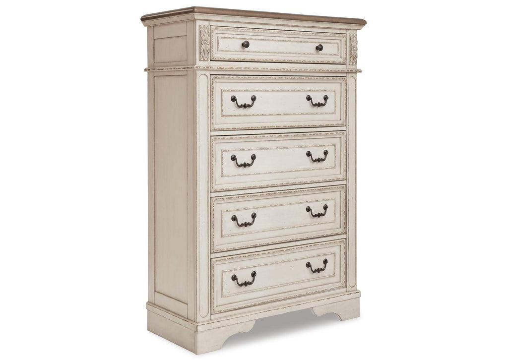 Realyn King Upholstered Panel Bed with Mirrored Dresser, Chest and Nightstand angled view