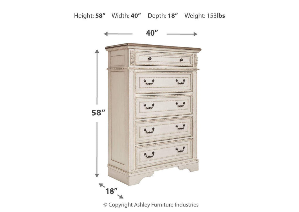 Realyn California King Upholstered Bed with Mirrored Dresser and Chest dimensions