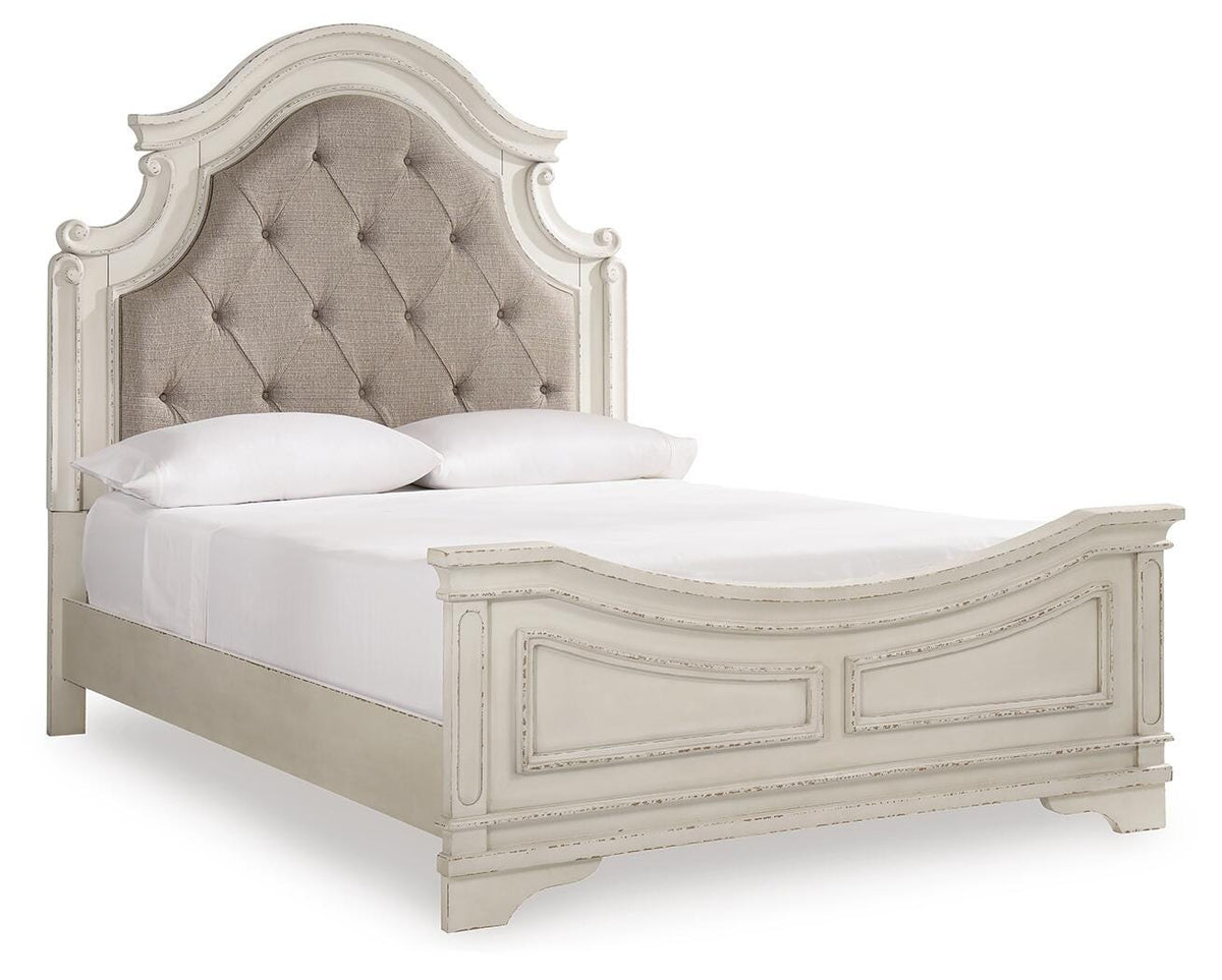 Realyn Queen Upholstered Panel Bed in Chipped White, angle view