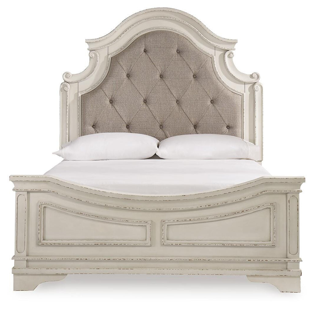 Realyn Queen Upholstered Panel Bed in Chipped White, front view
