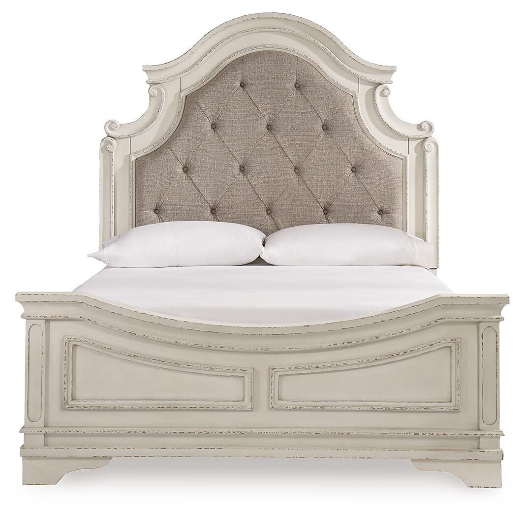 Realyn Queen Upholstered Panel Bed in Chipped White, front view