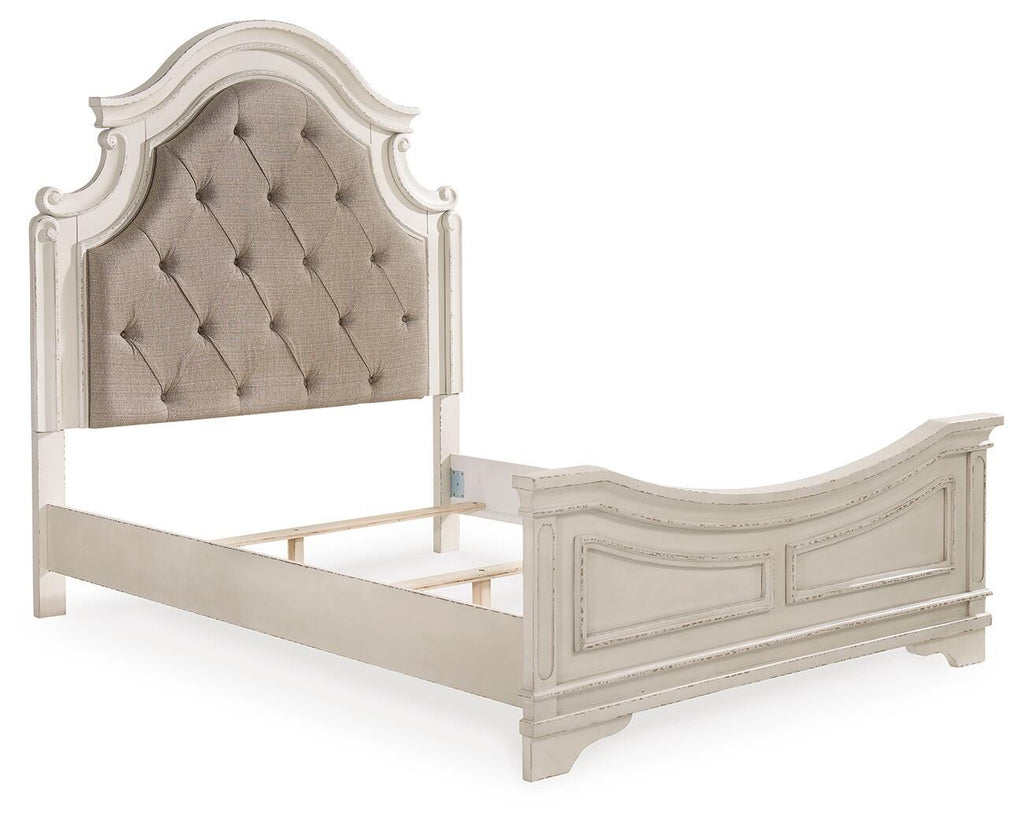 Realyn Queen Upholstered Panel Bed in Chipped White, angle view