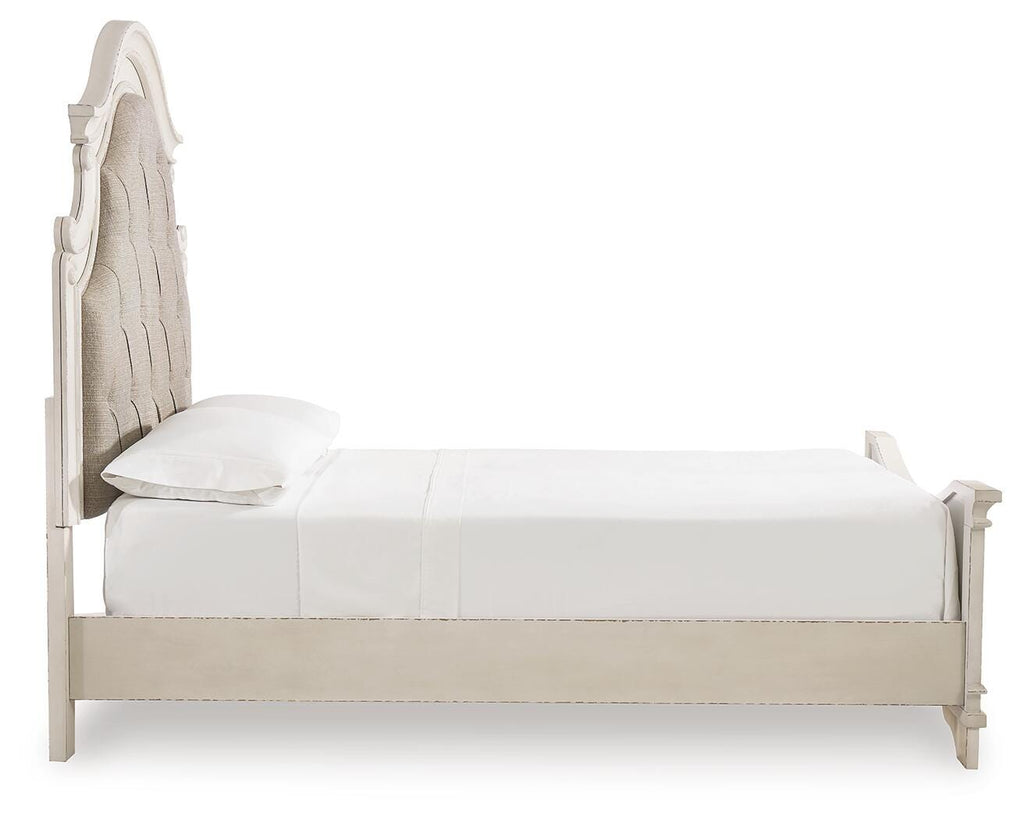 Realyn Queen Upholstered Panel Bed in Chipped White, side view