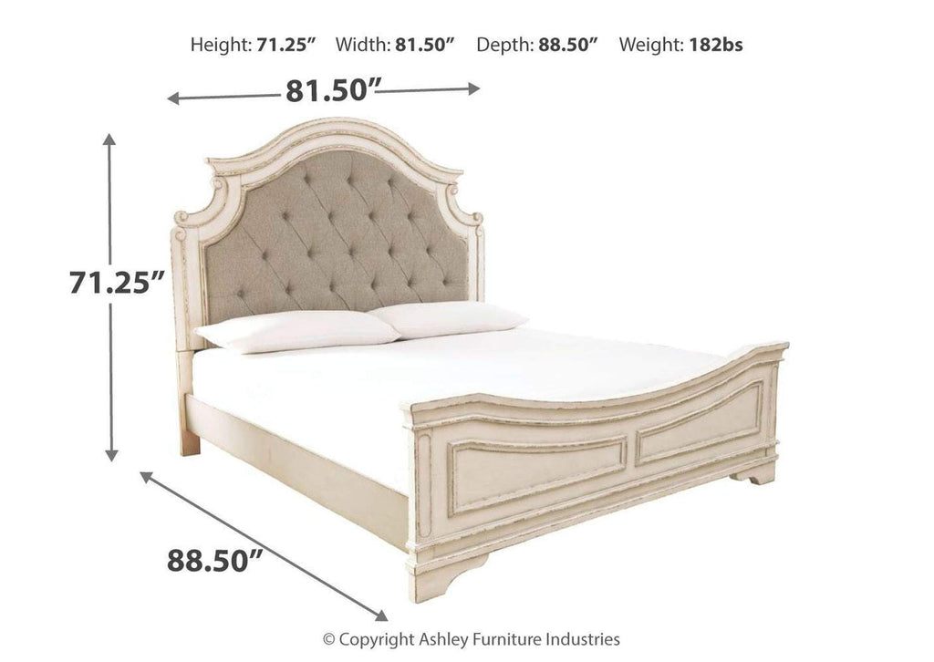 Realyn Queen Upholstered Panel Bed with Mirrored Dresser dimensions